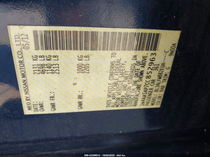 2012 Nissan Maxima 3.5 Sv VIN: 1N4AA5AP7CC852963 Lot: 43358013