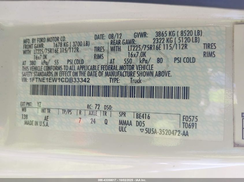 2012 Ford E-150 Commercial VIN: 1FTNE1EW1CDB33342 Lot: 43358017