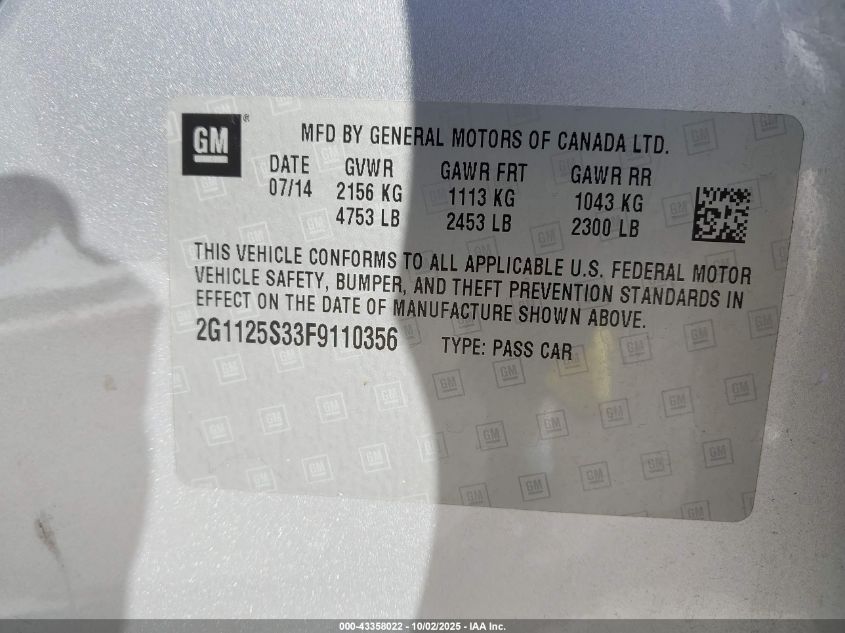 2015 Chevrolet Impala 2Lt VIN: 2G1125S33F9110356 Lot: 43358022