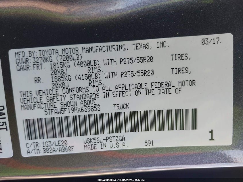 2017 TOYOTA TUNDRA PLATINUM 5.7L V8 - 5TFAW5F19HX639853