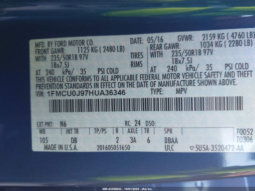 2017 Ford Escape Titanium VIN: 1FMCU0J97HUA36346 Lot: 43358042