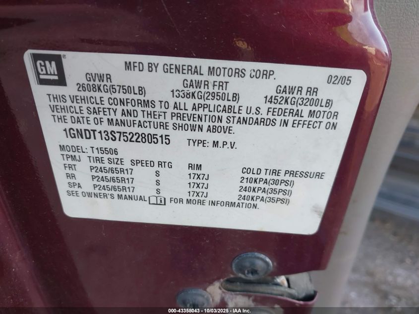 2005 Chevrolet Trailblazer Lt VIN: 1GNDT13S752280515 Lot: 43358043