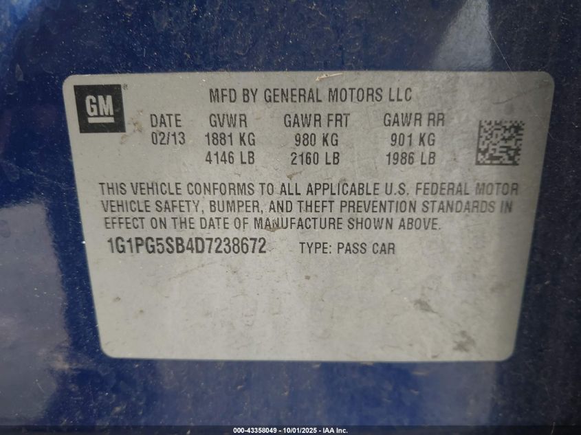 2013 Chevrolet Cruze Ltz VIN: 1G1PG5SB4D7238672 Lot: 43358049