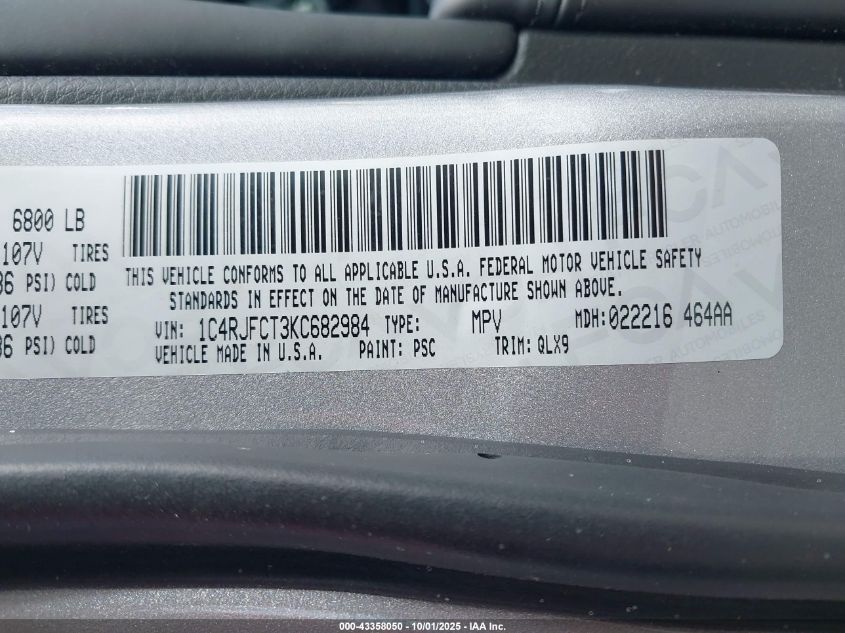 2019 Jeep Grand Cherokee High Altitude 4X4 VIN: 1C4RJFCT3KC682984 Lot: 43358050