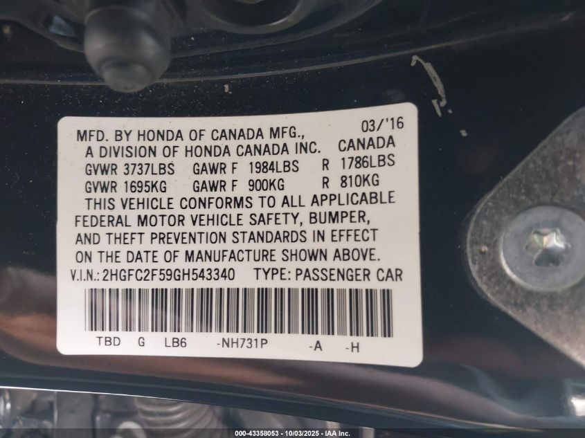 2016 Honda Civic Lx VIN: 2HGFC2F59GH543340 Lot: 43358053