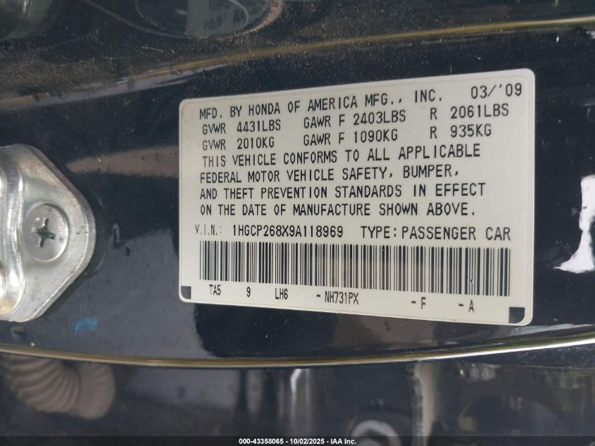 2009 Honda Accord 2.4 Ex-L VIN: 1HGCP268X9A118969 Lot: 43358065