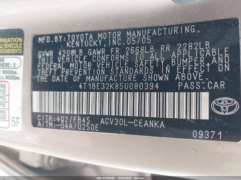 2005 Toyota Camry Le VIN: 4T1BE32K85U080394 Lot: 43358069