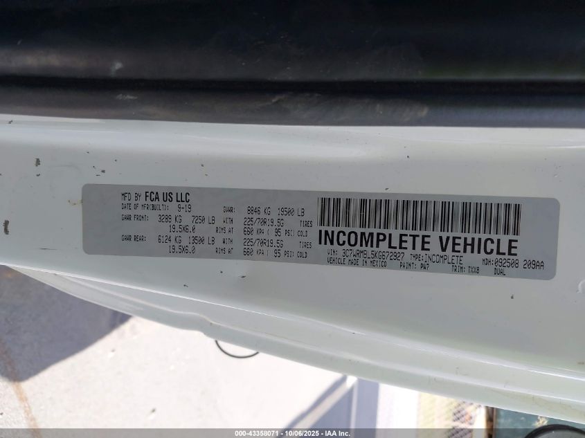 2019 Ram 5500 Chassis Tradesman/Slt VIN: 3C7WRMBL5KG672927 Lot: 43358071