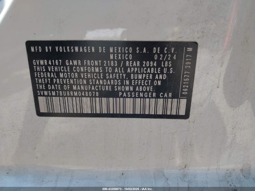2024 Volkswagen Jetta 1.5T S VIN: 3VW5M7BU8RM048078 Lot: 43358073