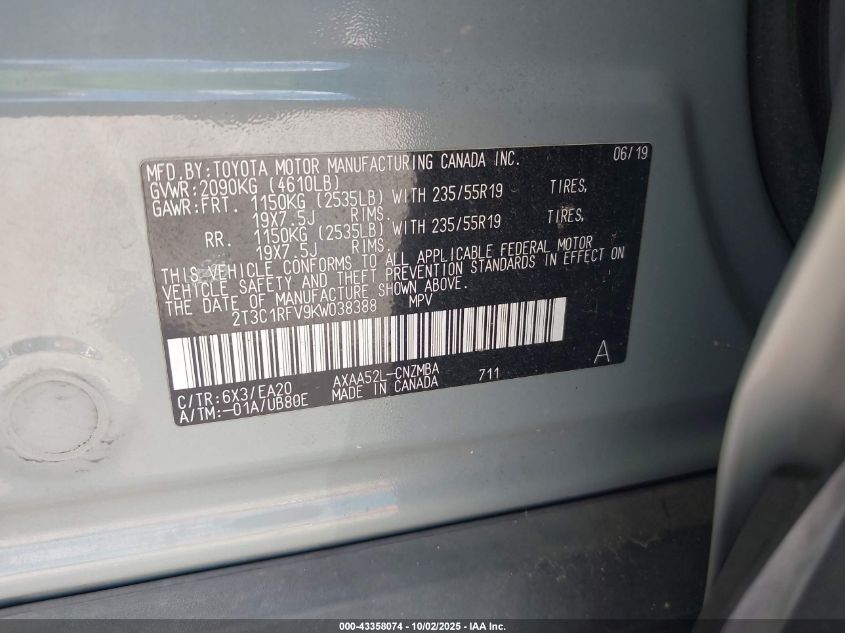 2019 Toyota Rav4 Xle Premium VIN: 2T3C1RFV9KW038388 Lot: 43358074
