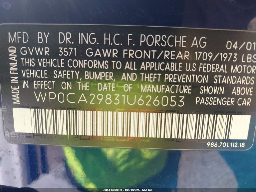 2002 Porsche Boxster VIN: WP0CA29872U625067 Lot: 43358080