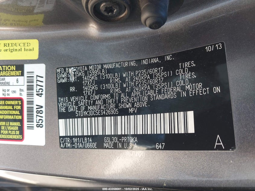 2014 TOYOTA SIENNA XLE V6 8 PASSENGER 5TDYK3DC5ES426905