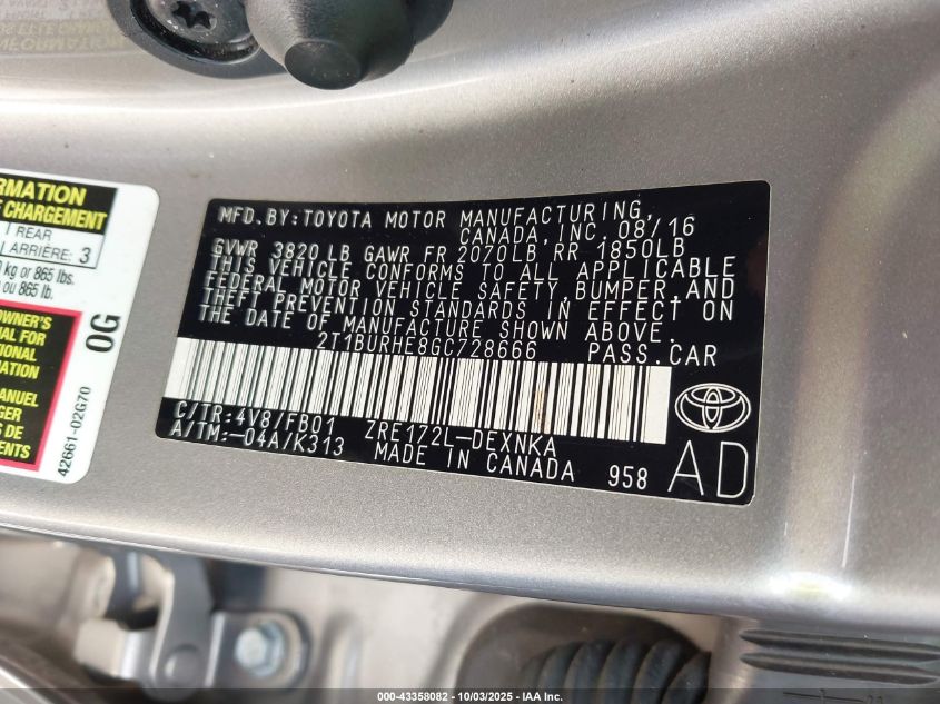 2016 Toyota Corolla Le VIN: 2T1BURHE8GC728666 Lot: 43358082