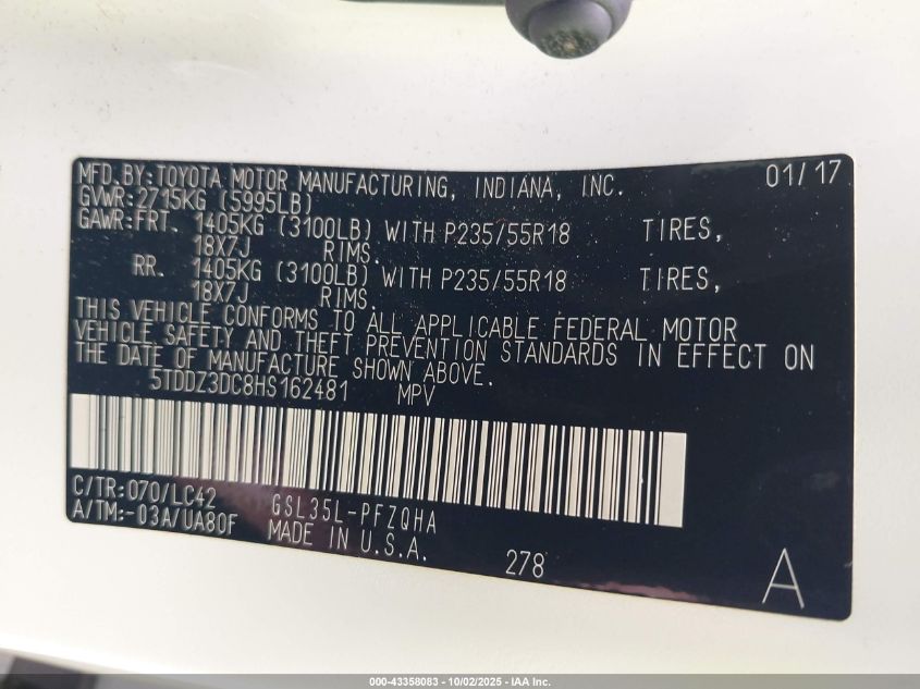 2017 Toyota Sienna Xle 7 Passenger VIN: 5TDDZ3DC8HS162481 Lot: 43358083