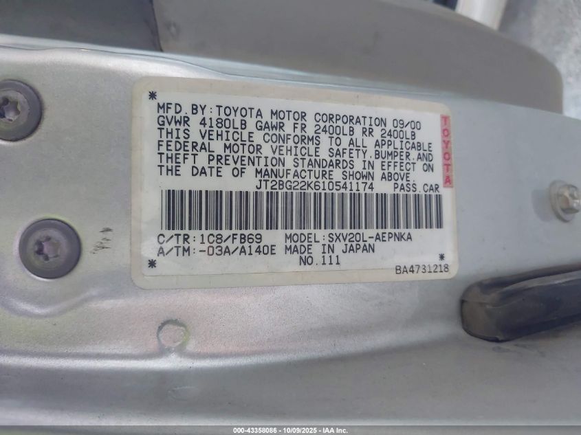 2001 Toyota Camry Le VIN: JT2BG22K610541174 Lot: 43358086