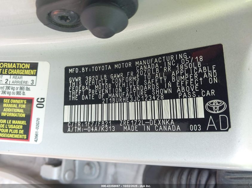 2018 Toyota Corolla Le VIN: 2T1BURHE3JC123428 Lot: 43358087