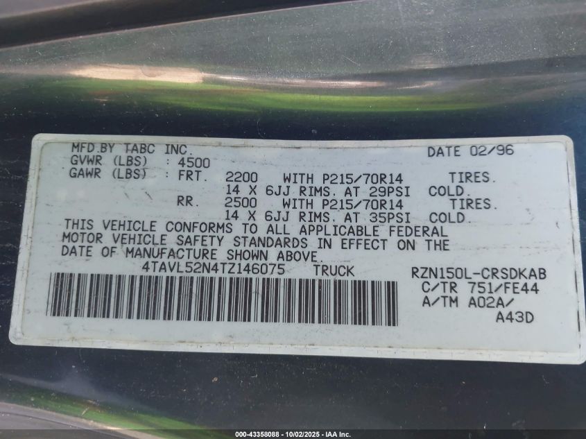 1996 Toyota Tacoma Xtracab VIN: 4TAVL52N4TZ146075 Lot: 43358088