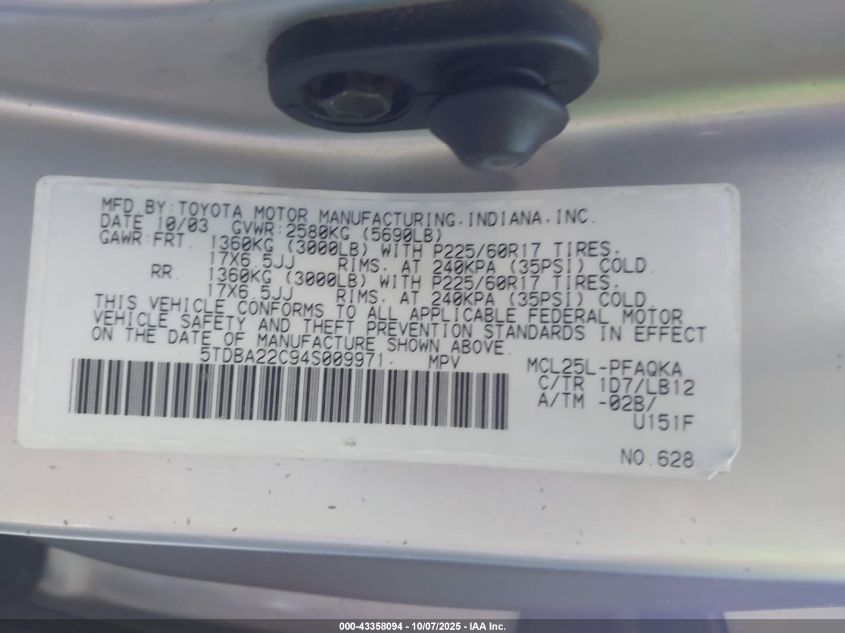 2004 Toyota Sienna Xle Limited VIN: 5TDBA22C94S009971 Lot: 43358094