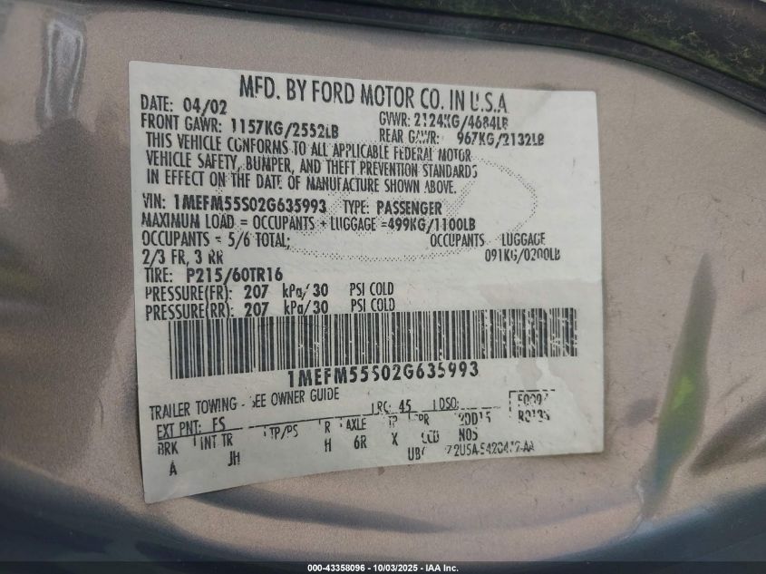 2002 Mercury Sable Ls Premium VIN: 1MEFM55S02G635993 Lot: 43358096