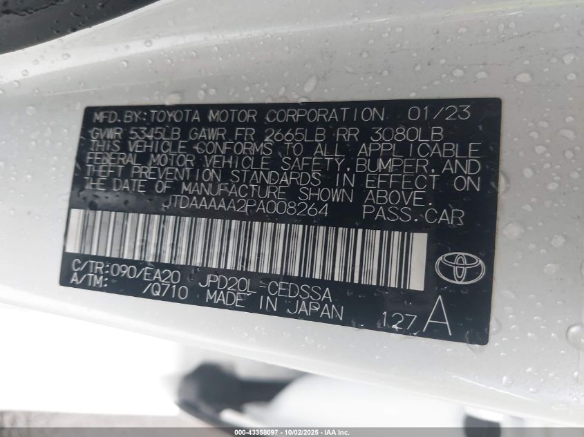 2023 Toyota Mirai Xle VIN: JTDAAAAA2PA008264 Lot: 43358097