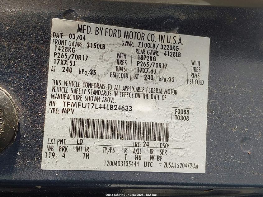 2004 Ford Expedition Eddie Bauer VIN: 1FMFU17L44LB24633 Lot: 43358110