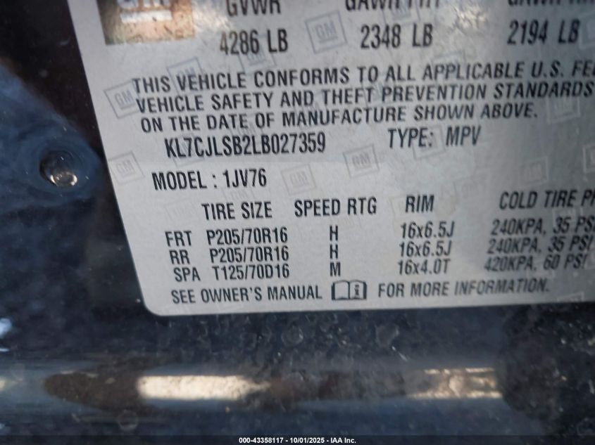 2020 Chevrolet Trax Fwd Lt VIN: KL7CJLSB2LB027359 Lot: 43358117