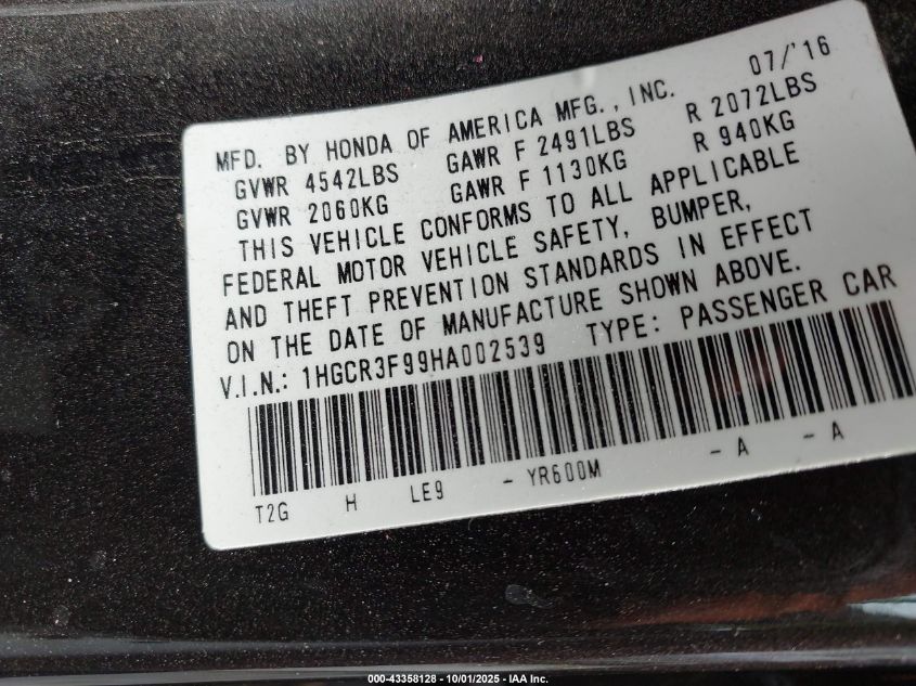 2017 Honda Accord Touring V6 VIN: 1HGCR3F99HA002539 Lot: 43358128