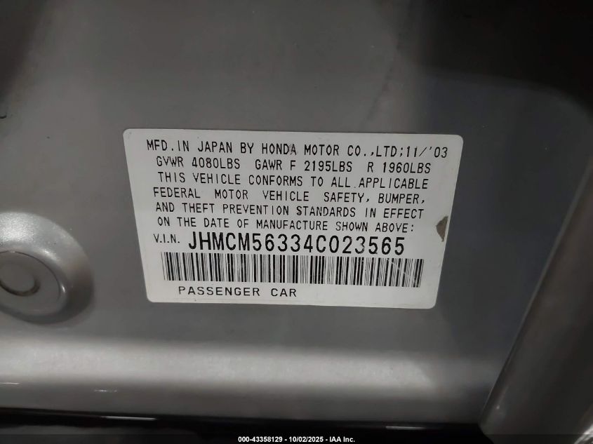 2004 Honda Accord 2.4 Lx VIN: JHMCM56334C023565 Lot: 43358129