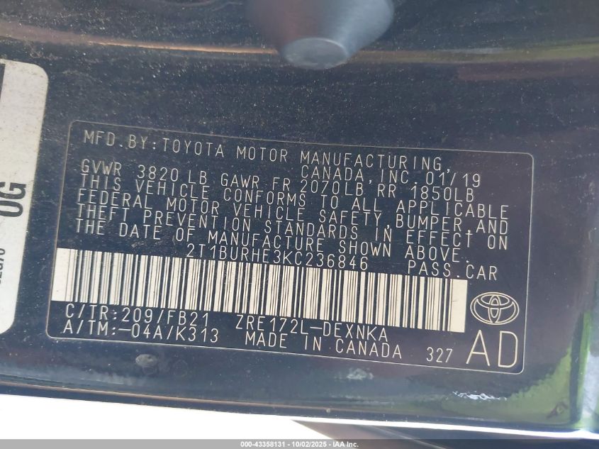 2019 Toyota Corolla Le VIN: 2T1BURHE3KC236846 Lot: 43358131