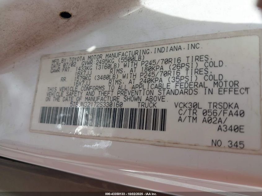 2002 Toyota Tundra VIN: 5TBJN32172S330160 Lot: 43358133