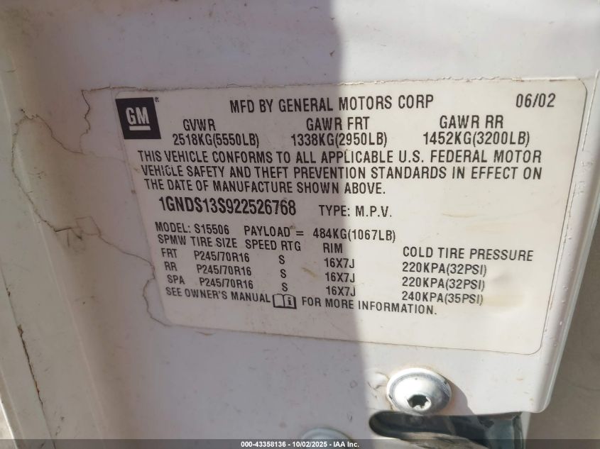 2002 Chevrolet Trailblazer Ls VIN: 1GNDS13S922526768 Lot: 43358136