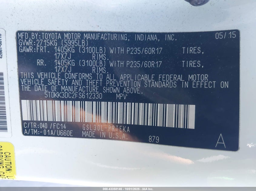 2015 TOYOTA SIENNA LE 8 PASSENGER 5TDKK3DC2FS612330