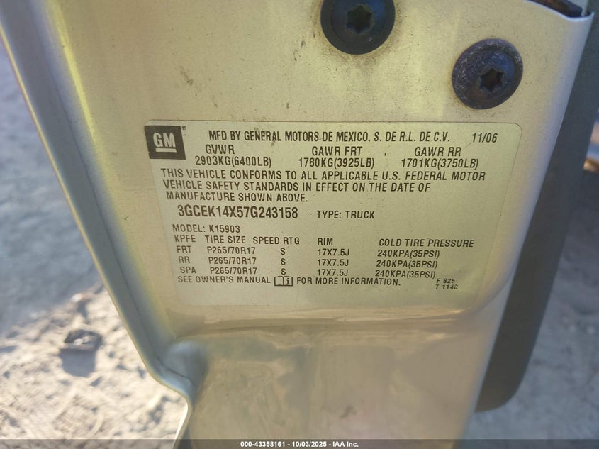 2007 Chevrolet Silverado 1500 Classic Work Truck VIN: 3GCEK14X57G243158 Lot: 43358161