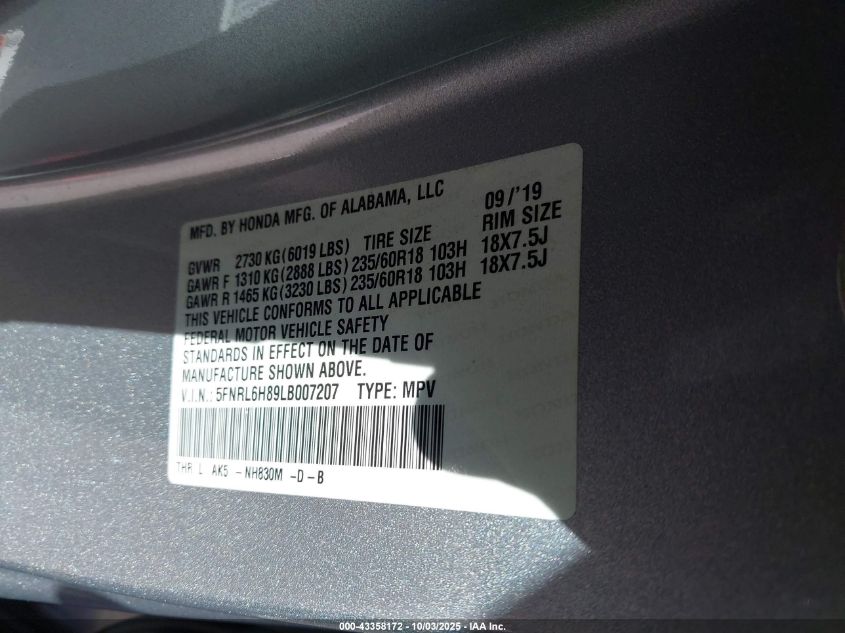 2020 Honda Odyssey Touring VIN: 5FNRL6H89LB007207 Lot: 43358172