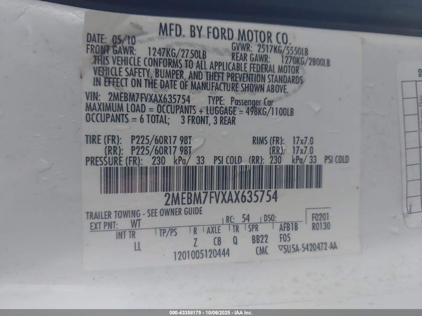 2010 Mercury Grand Marquis Ls (Fleet Only) VIN: 2MEBM7FVXAX635754 Lot: 43358179