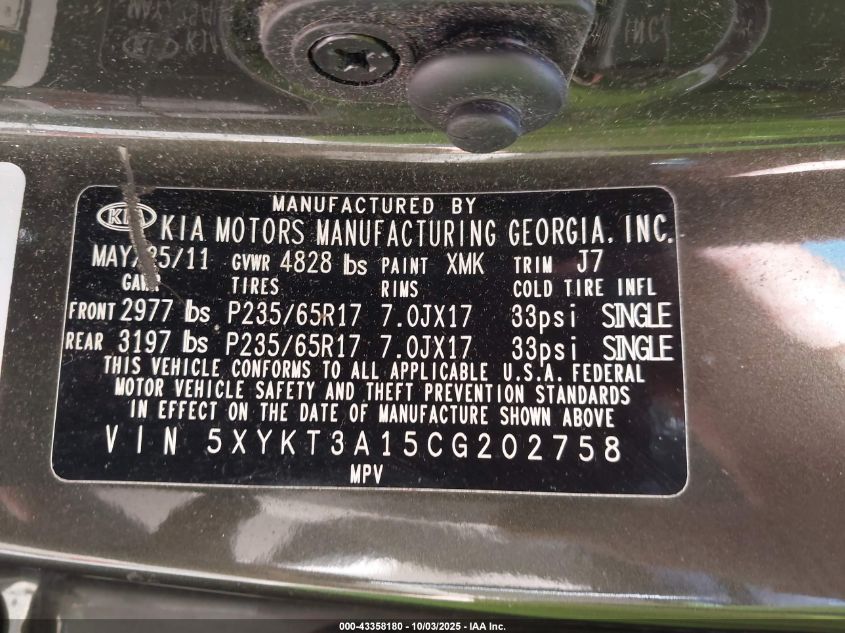 2012 Kia Sorento Lx VIN: 5XYKT3A15CG202758 Lot: 43358180