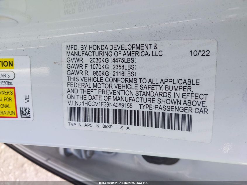 2022 Honda Accord Sport VIN: 1HGCV1F39NA089155 Lot: 43358181