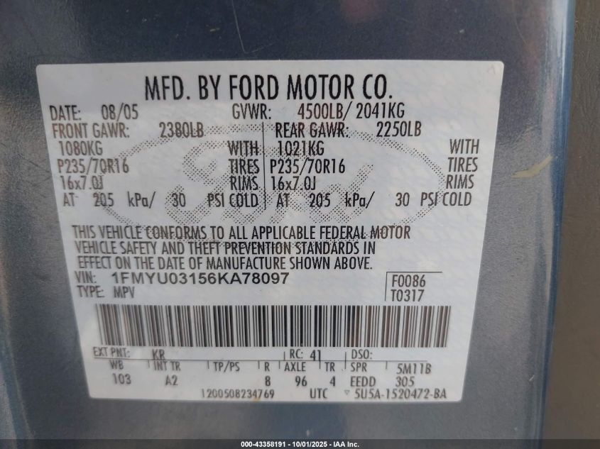 2006 Ford Escape Xlt/Xlt Sport VIN: 1FMYU03156KA78097 Lot: 43358191