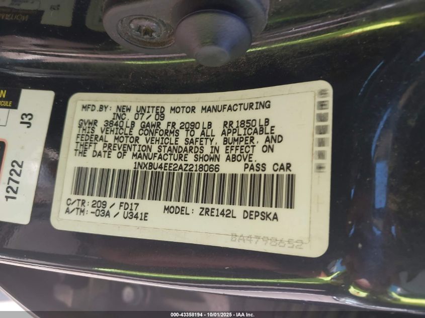 2010 Toyota Corolla S VIN: 1NXBU4EE2AZ218066 Lot: 43358194