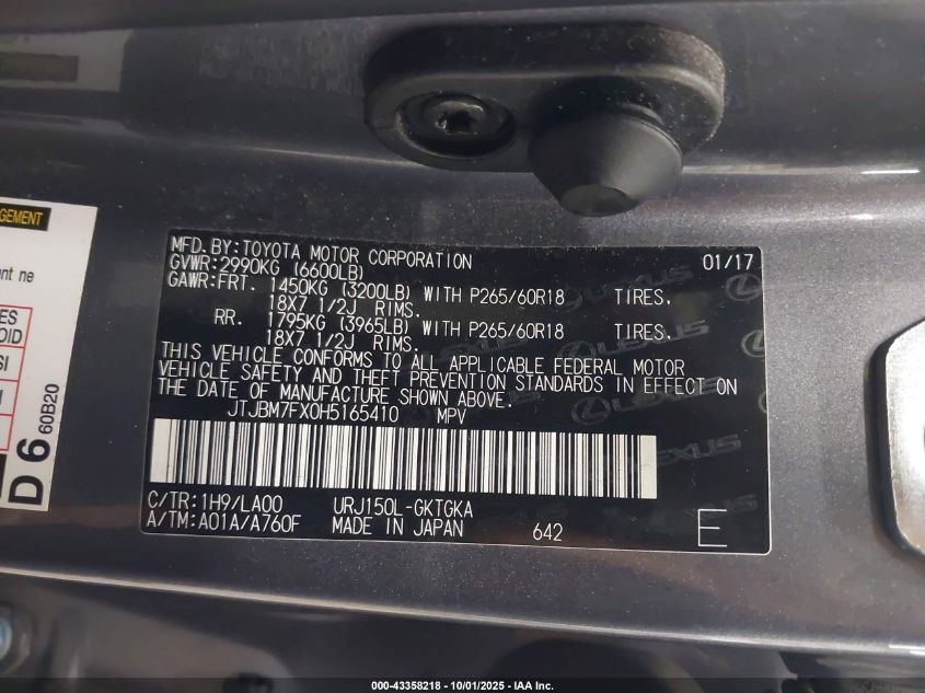 2017 Lexus Gx 460 VIN: JTJBM7FX0H5165410 Lot: 43358218