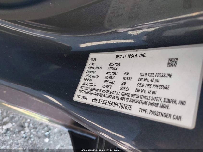 2023 Tesla Model 3 Rear-Wheel Drive VIN: 5YJ3E1EA3PF707675 Lot: 43358224