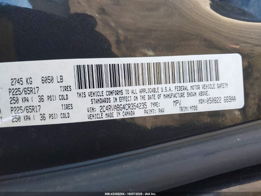 2012 Volkswagen Routan Se VIN: 2C4RVABG4CR354235 Lot: 43358254