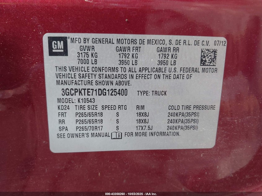 2013 Chevrolet Silverado 1500 Ltz VIN: 3GCPKTE71DG125400 Lot: 43358260
