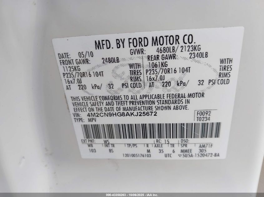 2010 Mercury Mariner Premier VIN: 4M2CN9HG8AKJ25672 Lot: 43358263