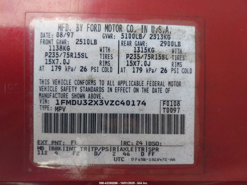 1997 Ford Explorer Eddie Bauer/Limited/Xl/Xlt VIN: 1FMDU32X3VZC40174 Lot: 43358266