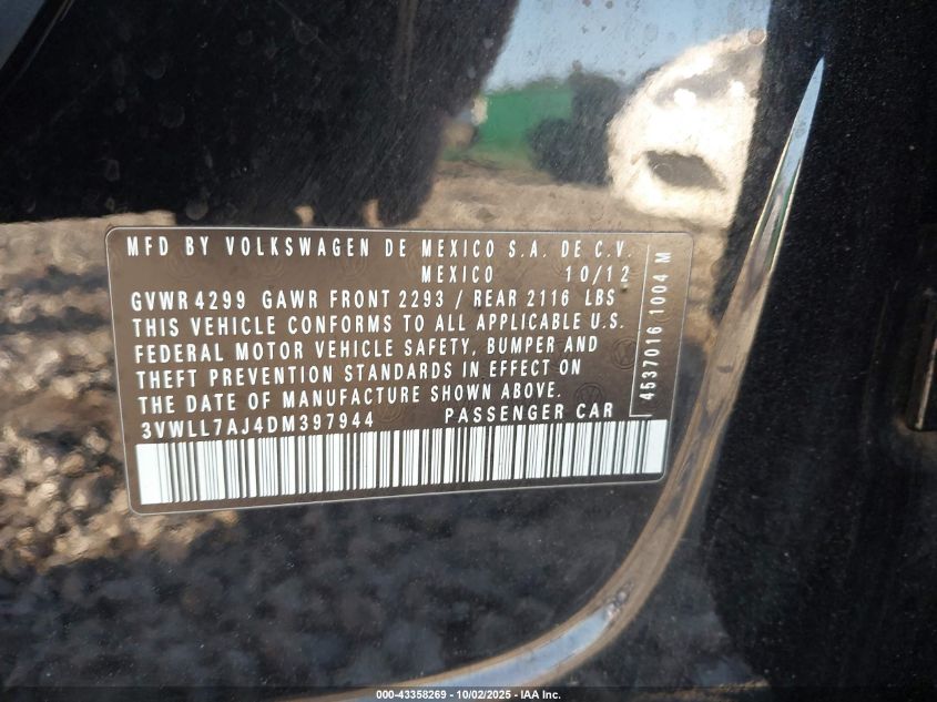2013 Volkswagen Jetta 2.0L Tdi VIN: 3VWLL7AJ4DM397944 Lot: 43358269