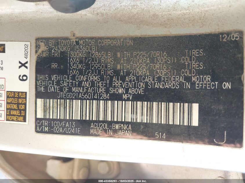 2006 Toyota Highlander VIN: JTEGD21A560141284 Lot: 43358293