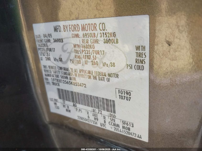 2005 Ford F-150 Lariat/Xl/Xlt VIN: 1FTRX12565KE53472 Lot: 43358301