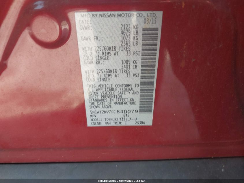 2015 Nissan Rogue Sl VIN: 5N1AT2MV7FC840079 Lot: 43358302