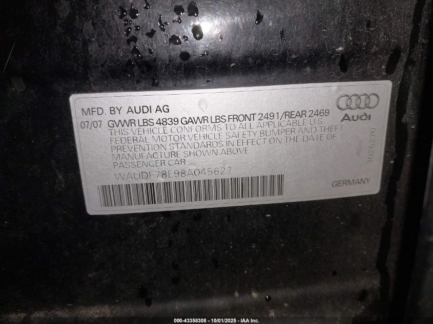 2008 Audi A4 2.0T VIN: WAUDF78E98A045627 Lot: 43358308